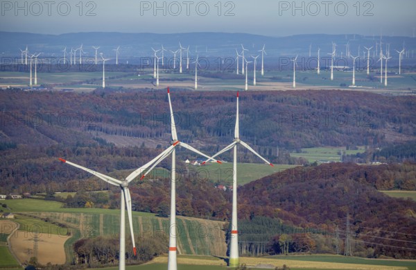 Aerial view, distant view and wind farm in Brilon, Sauerland, North Rhine-Westphalia, Germany,