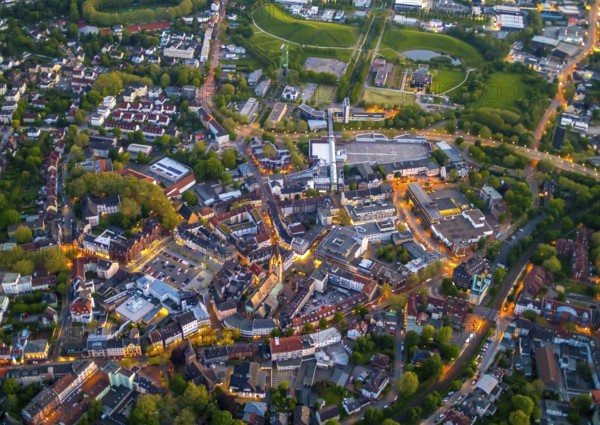 Aerial view, city centre and old town market with catholic church St. Lambertus, Rauxel,