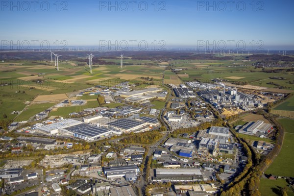 Aerial view, industrial area Brilon with Egger Holzwerkstoffe GmbH and wind farm in the background