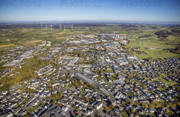 Aerial view, industrial area Brilon with Egger Holzwerkstoffe GmbH and wind farm in the background