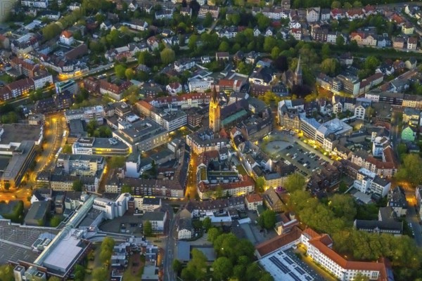 Aerial view, city centre and old town market with catholic church St. Lambertus, Castrop-Rauxel,