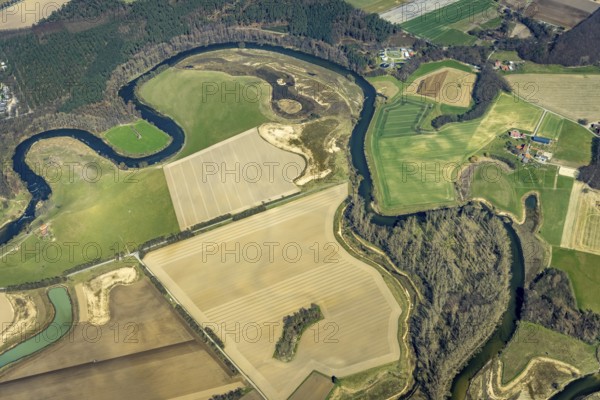 Aerial view, Lippe reorganisation, river Lippe, renaturation, new Lippe meanders, restoration of
