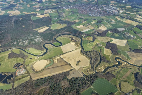 Aerial view, Lippe reorganisation, river Lippe, renaturation, new Lippe meanders, restoration of