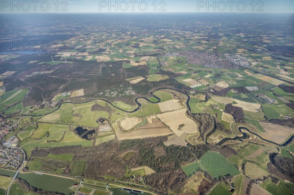 Aerial view, Lippe reorganisation, river Lippe, renaturation, new Lippe meanders, restoration of