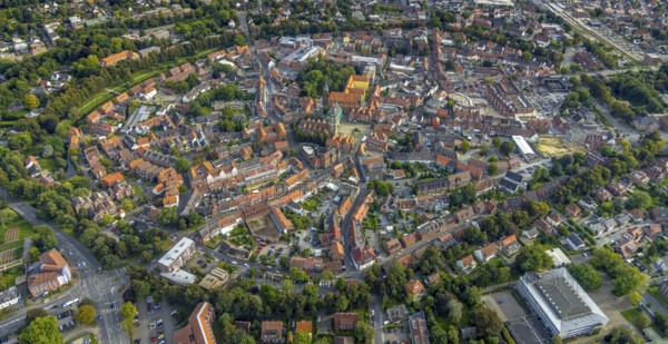 Aerial view, old town and green old town ring with catholic St. Lamberti church at the market