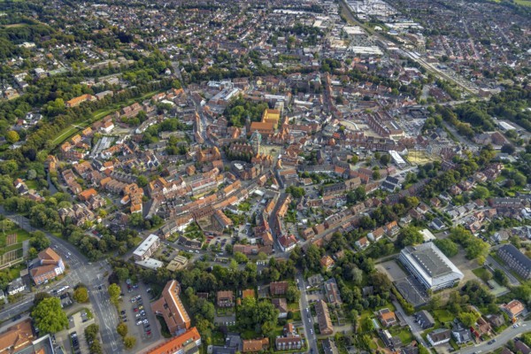 Aerial view, old town and green old town ring with catholic St. Lamberti church at the market