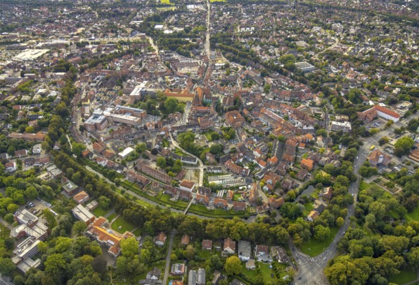 Aerial view, old town and green old town ring with catholic St. Lamberti church at the market