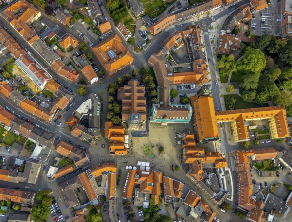 Aerial view, old town and green old town ring with catholic St. Lamberti church at the market