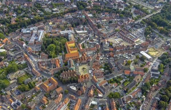 Aerial view, old town and green old town ring with catholic St. Lamberti church at the market