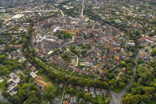 Aerial view, old town and green old town ring with catholic St. Lamberti church at the market