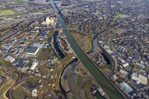 Aerial view, The water cross Castrop-Rauxel with crossing of Emscher and Rhine-Herne-Canal in the
