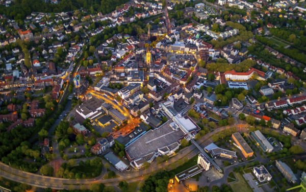 Aerial view, city centre and old town market with catholic church St. Lambertus, Castrop-Rauxel,