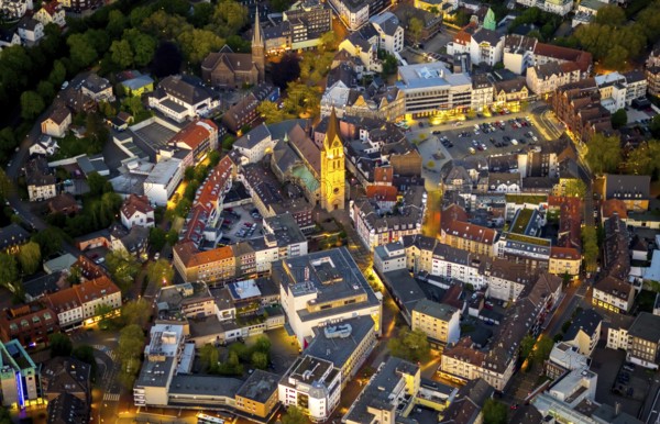 Aerial view, city centre and old town market with catholic church St. Lambertus, Castrop-Rauxel,