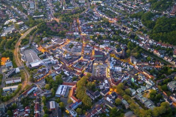 Aerial view, city centre and old town market with catholic church St. Lambertus, Castrop-Rauxel,