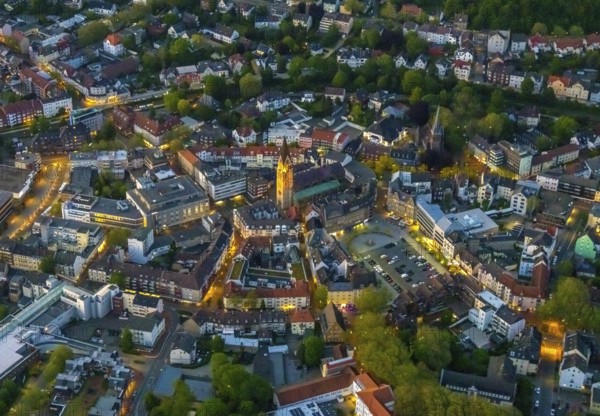 Aerial view, city centre and old town market with catholic church St. Lambertus, Castrop-Rauxel,