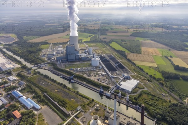 Aerial view of the power plant facilities and exhaust gas towers of the coal-fired power plant