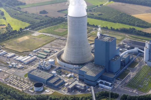 Aerial view of the power plant facilities and exhaust gas towers of the coal-fired power plant
