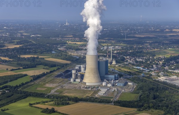 Aerial view of the power plant facilities and exhaust gas towers of the coal-fired power plant