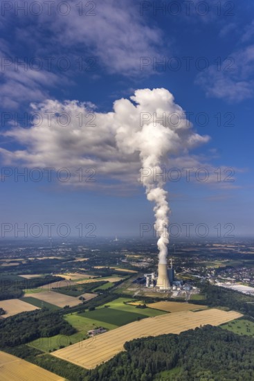 Aerial view of the power plant facilities and exhaust gas towers of the coal-fired power plant