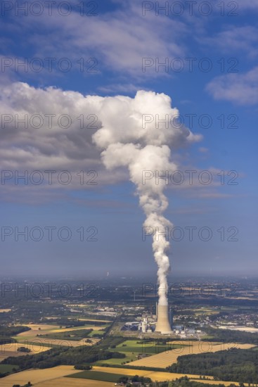 Aerial view of the power plant facilities and exhaust gas towers of the coal-fired power plant