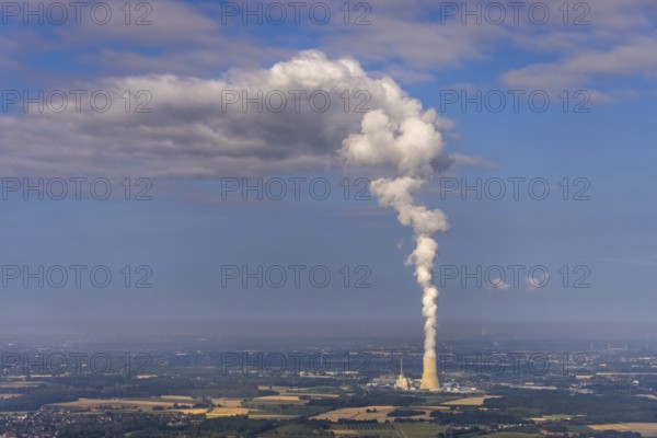 Aerial view of the power plant facilities and exhaust gas towers of the coal-fired power plant