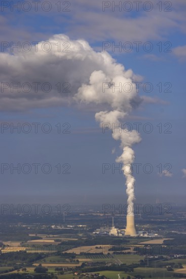Aerial view of the power plant facilities and exhaust gas towers of the coal-fired power plant