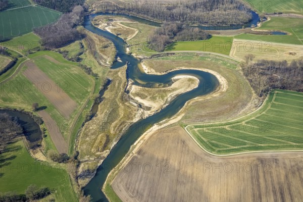 Aerial view, Lippe reorganisation, river Lippe, renaturation, new Lippe meanders, restoration of