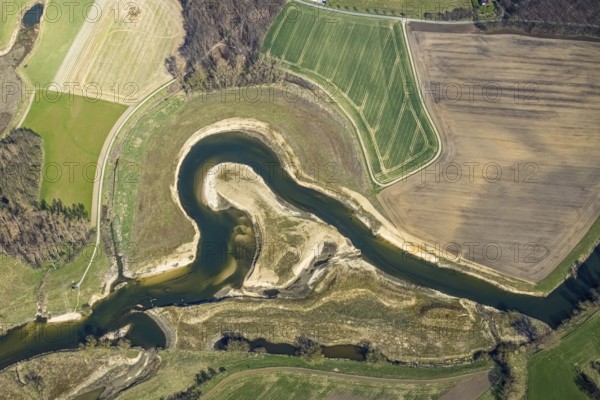 Aerial view, Lippe reorganisation, river Lippe, renaturation, new Lippe meanders, restoration of