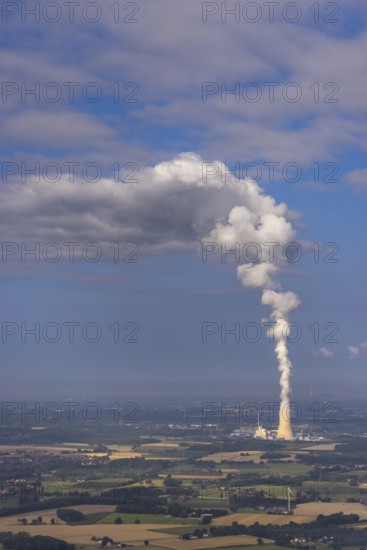 Aerial view of the power plant facilities and exhaust gas towers of the coal-fired power plant