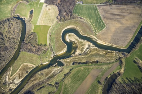 Aerial view, Lippe reorganisation, river Lippe, renaturation, new Lippe meanders, restoration of