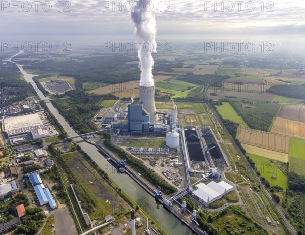 Aerial view of the power plant facilities and exhaust gas towers of the coal-fired power plant