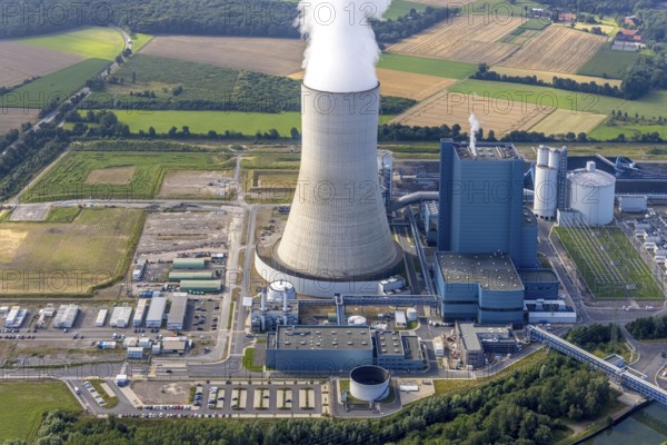 Aerial view of the power plant facilities and exhaust gas towers of the coal-fired power plant