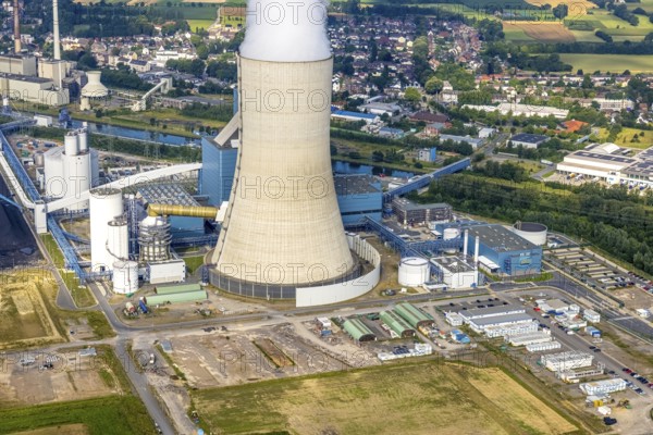Aerial view of the power plant facilities and exhaust gas towers of the coal-fired power plant