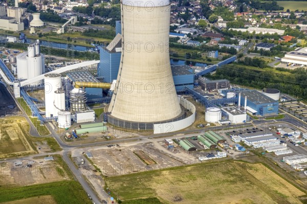 Aerial view of the power plant facilities and exhaust gas towers of the coal-fired power plant
