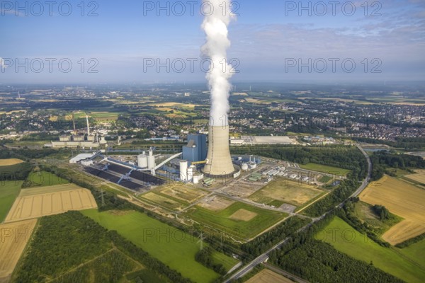 Aerial view of the power plant facilities and exhaust gas towers of the coal-fired power plant