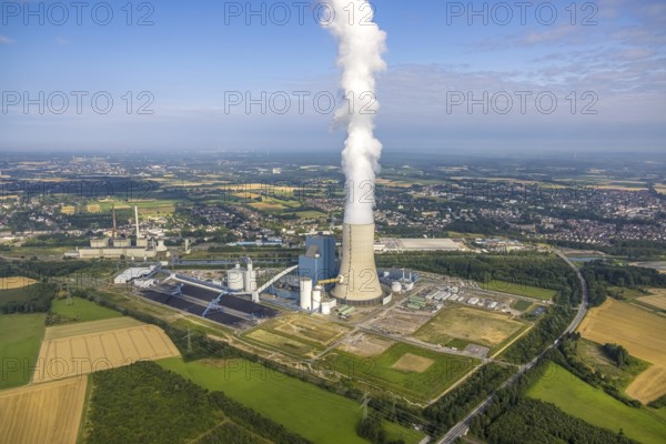 Aerial view of the power plant facilities and exhaust gas towers of the coal-fired power plant