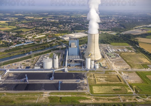 Aerial view of the power plant facilities and exhaust gas towers of the coal-fired power plant