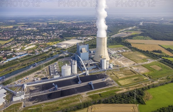 Aerial view of the power plant facilities and exhaust gas towers of the coal-fired power plant