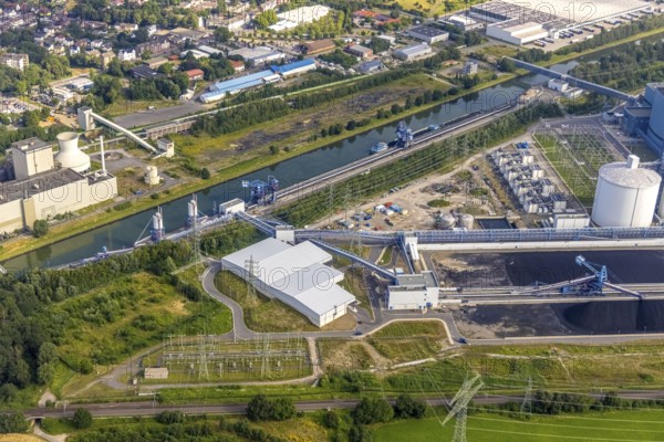 Aerial view of the power plant facilities and exhaust gas towers of the coal-fired power plant
