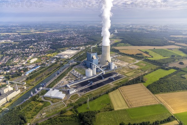 Aerial view of the power plant facilities and exhaust gas towers of the coal-fired power plant