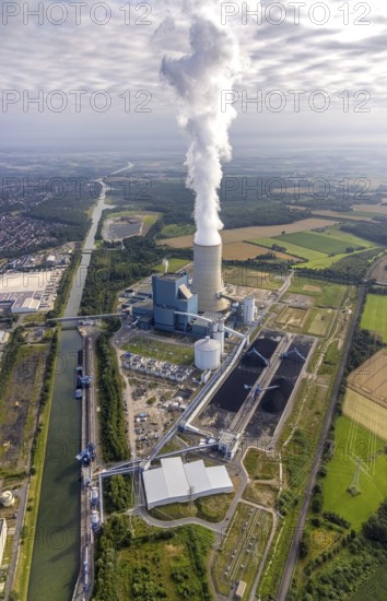 Aerial view of the power plant facilities and exhaust gas towers of the coal-fired power plant