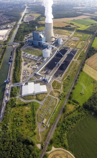 Aerial view of the power plant facilities and exhaust gas towers of the coal-fired power plant