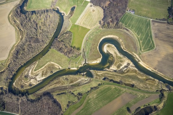 Aerial view, Lippe reorganisation, river Lippe, renaturation, new Lippe meanders, restoration of