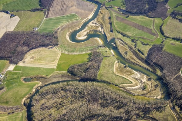 Aerial view, Lippe reorganisation, river Lippe, renaturation, new Lippe meanders, restoration of