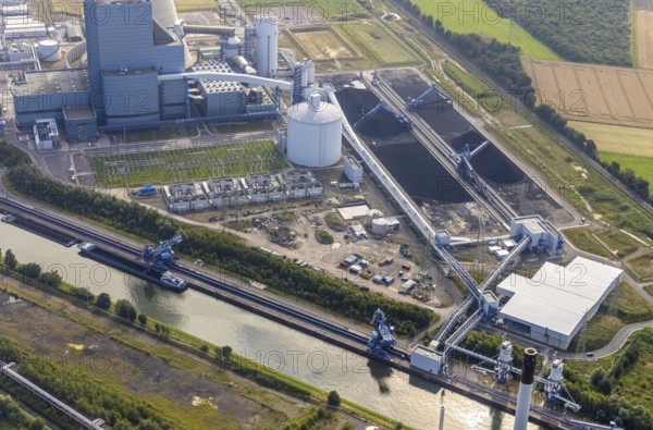 Aerial view of the power plant facilities and exhaust gas towers of the coal-fired power plant