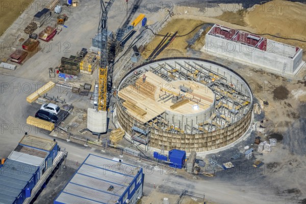 Aerial view, construction site new wood-fired power station at Thyssenstraße, Averbruch, Dinslaken,