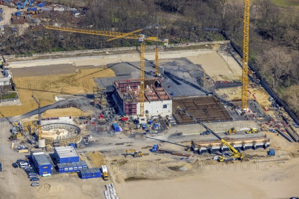 Aerial view, construction site new wood-fired power station at Thyssenstraße, Averbruch, Dinslaken,