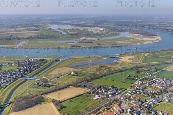 Aerial view, Rhine dyke construction site, Emscher estuary, Emscher estuary drop structure, Emscher