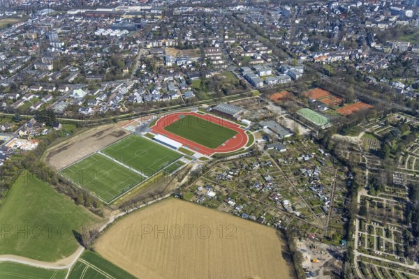Aerial view, construction site new football pitches, sports facility, Spiel- und Sportverein 09 e.V