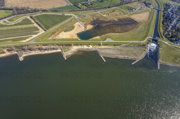 Aerial view, Rhine dyke construction site, new and old Emscher estuary, drop structure Emscher